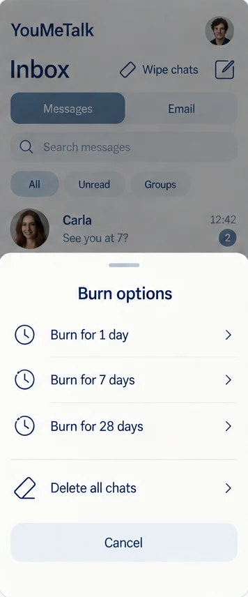 Burn options: burn for 1 day, 7 days or 28 days, or delete all chats