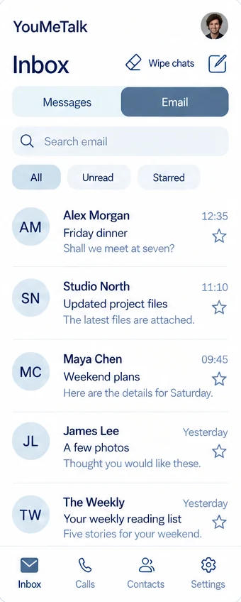 Email inbox in YouMeTalk with messages from Alex Morgan, Studio North and others