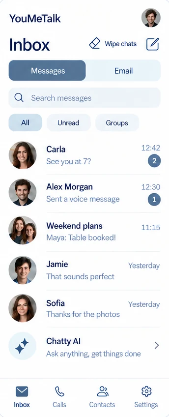 YouMeTalk inbox with chats from Carla, Alex Morgan and the group Weekend plans