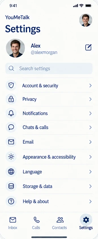 YouMeTalk settings with account, privacy, notifications, appearance and language
