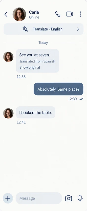 Chat with translation to English switched on, showing a message translated from Spanish