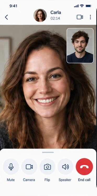 Full-screen video call with Carla, with buttons for mute, camera, flip, speaker and end call